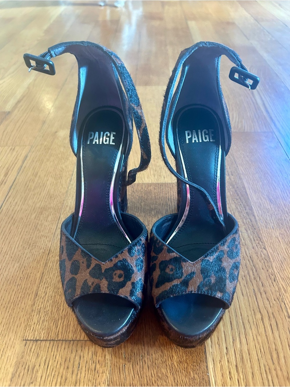 PAIGE Leopard Print Open-Toe Ankle Strap Heels in Brown and Black